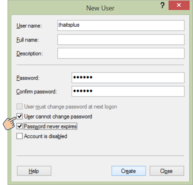 ตั้งค่า User cannot change password และ Password never expires