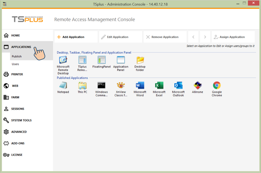 เลือกเมนู APPLICATIONS ใน TSplus Admin Tools